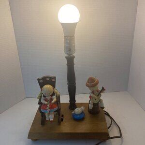 Vintage Nursery Plastics Wooden Figurine Table Lamp Kids Cat Musical Animated